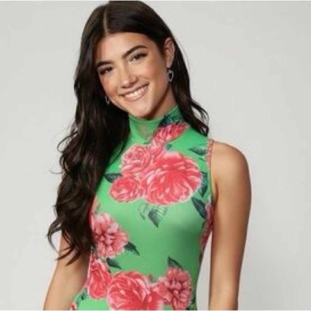 AFRM Sheer Floral Mesh Bodysuit Green Rose Cottagecore L - NWT